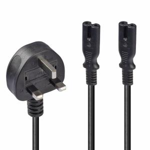 Splitter Extension Cable - 1 X Uk 3 Pin Plug  To 2 X Iec C7 - Black - 2.5m